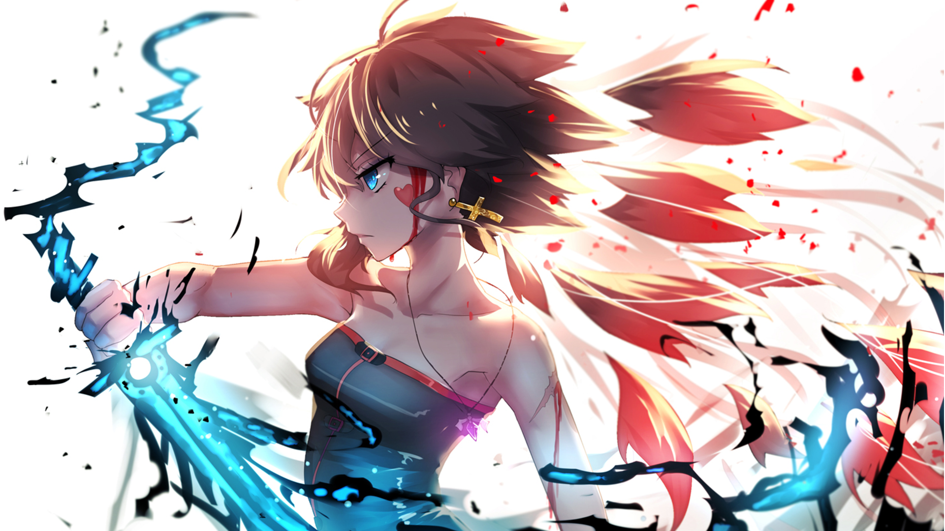 Anime girl with glowing blue sword and red accents HD Wallpaper