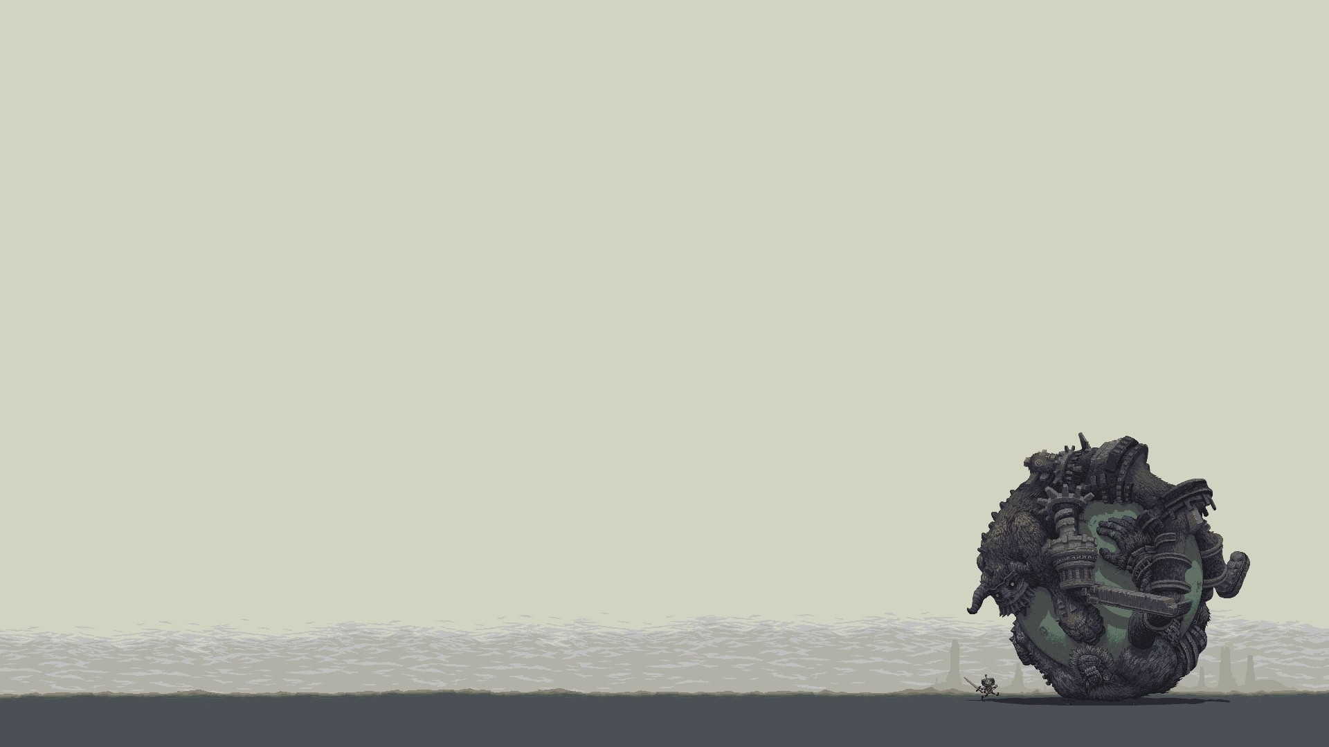 Pixel art of a giant rolling creature and a small warrior HD Wallpaper