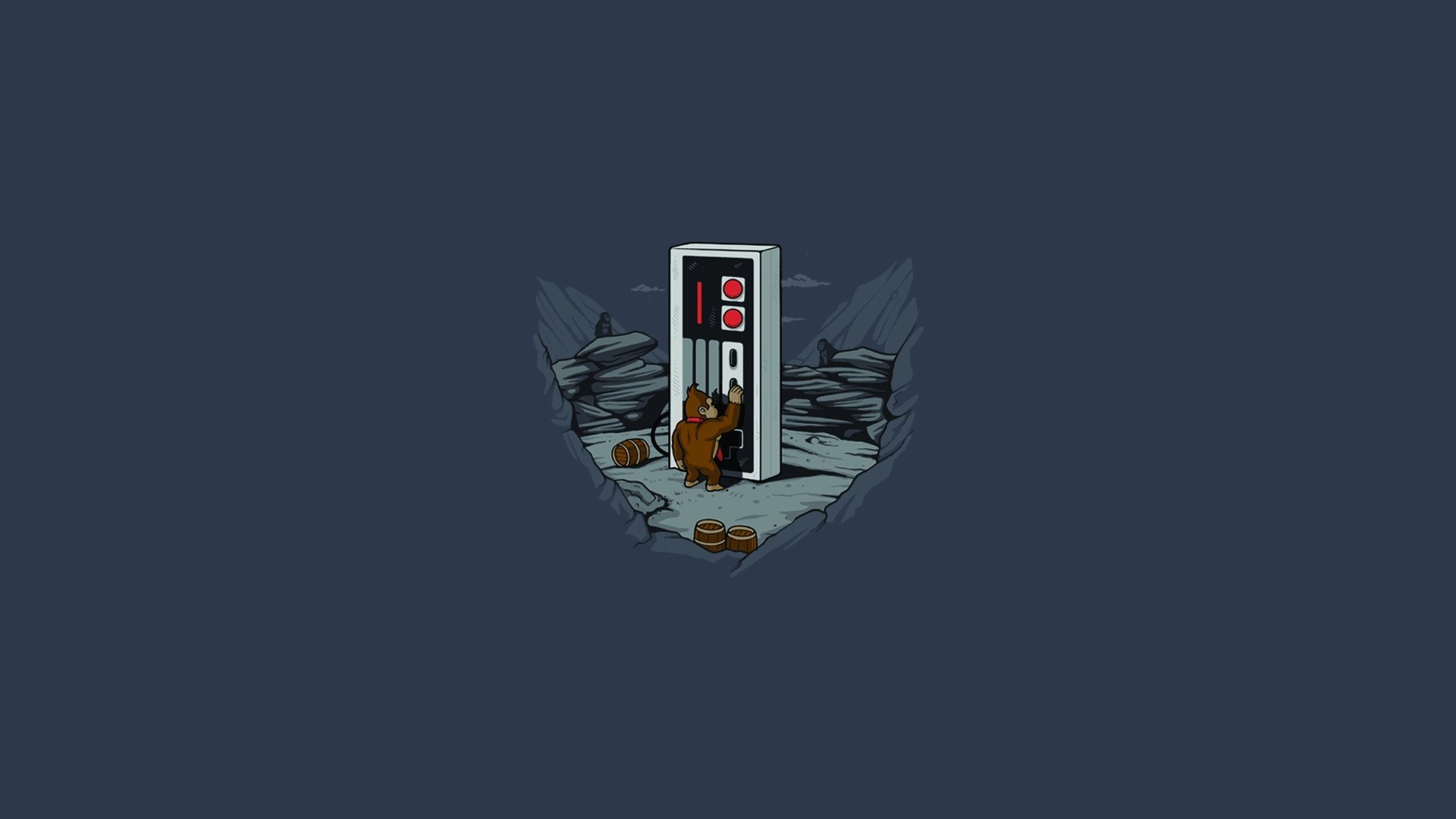 Donkey Kong plays a Nintendo controller in a rocky landscape HD Wallpaper