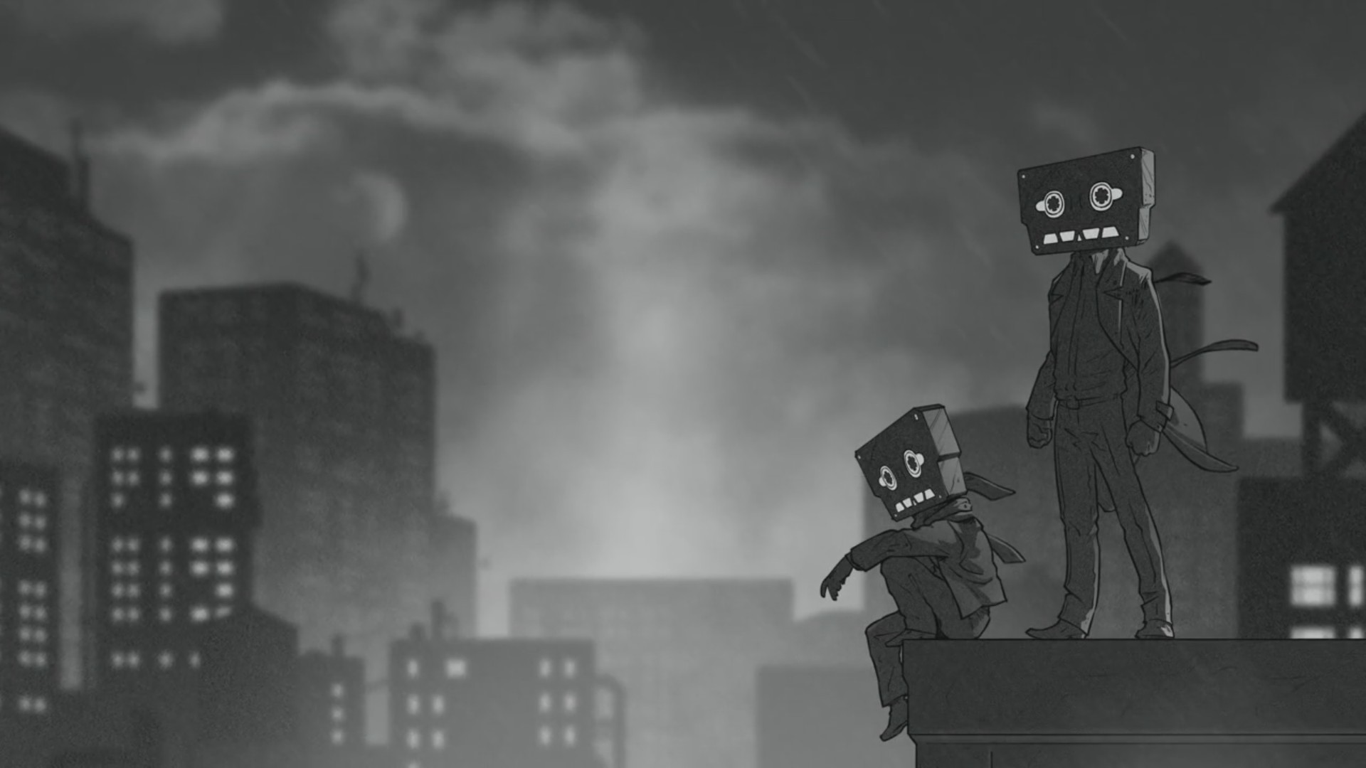 Two cassette characters on a rooftop at night HD Wallpaper