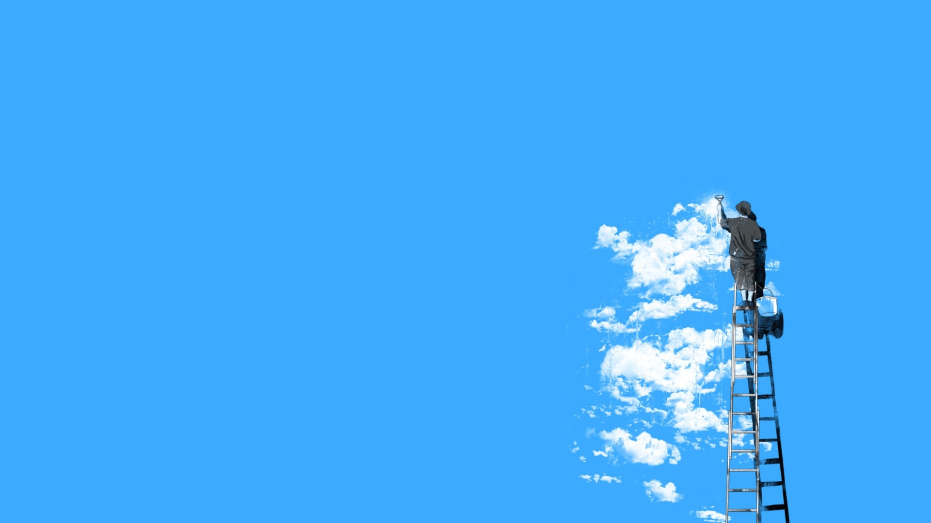 Minimalist scene of a person painting clouds on a blue sky HD Wallpaper