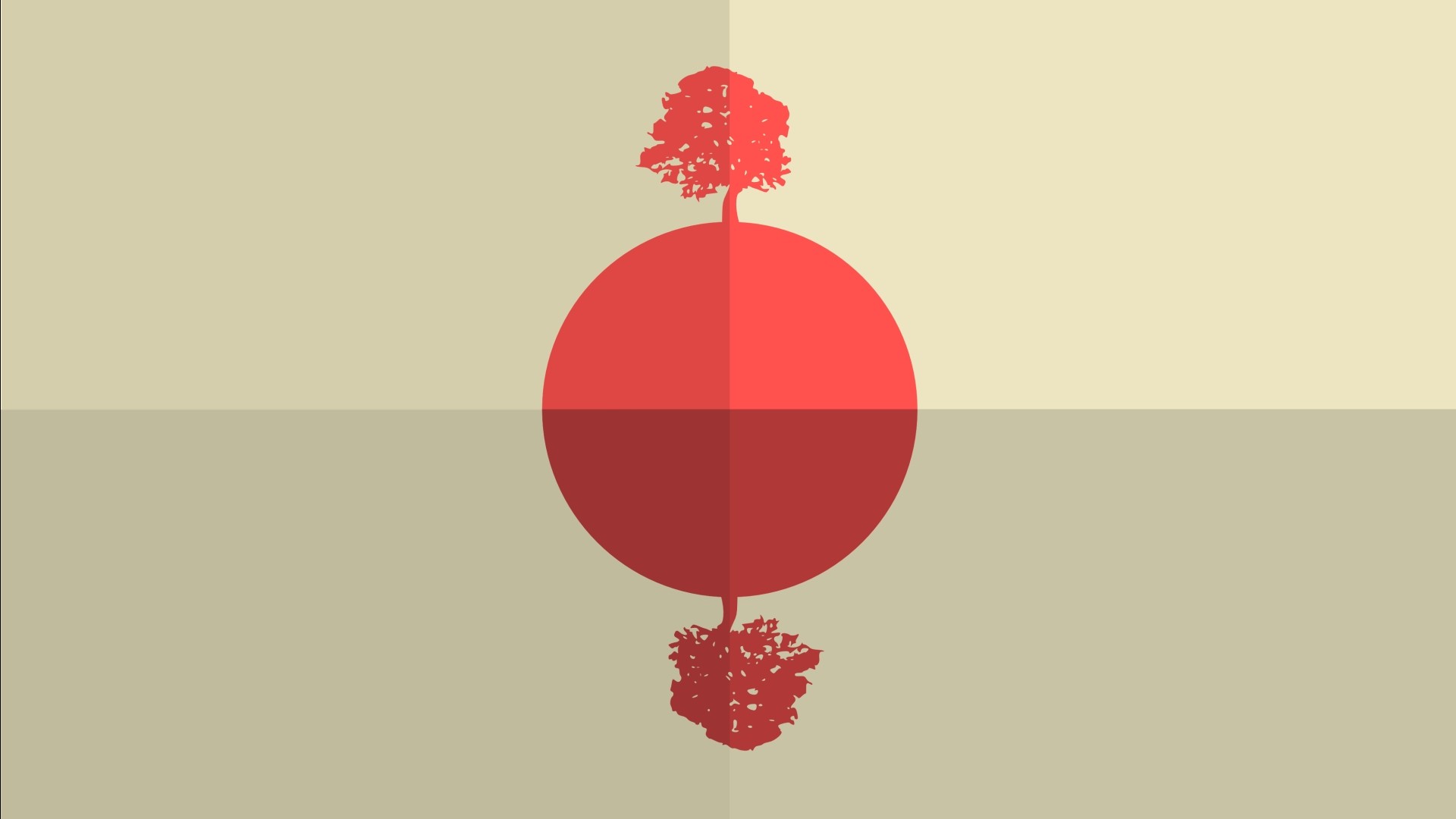 Minimalist red tree on a red circle with reflection HD Wallpaper