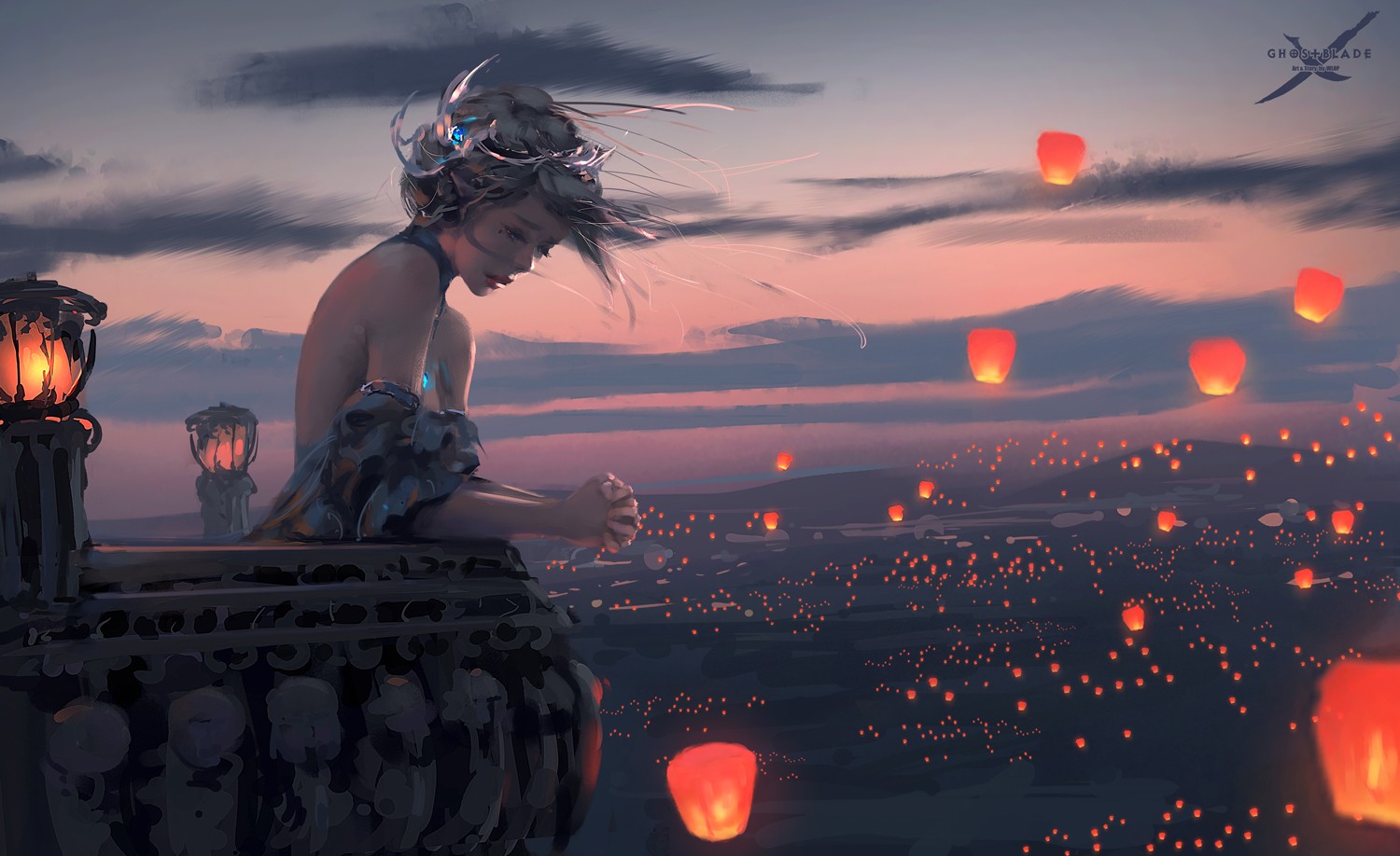 Anime girl with lanterns at dusk HD Wallpaper