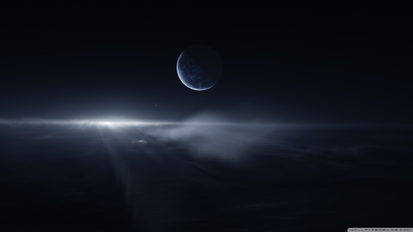 Dark blue planet in space with light rays HD Wallpaper