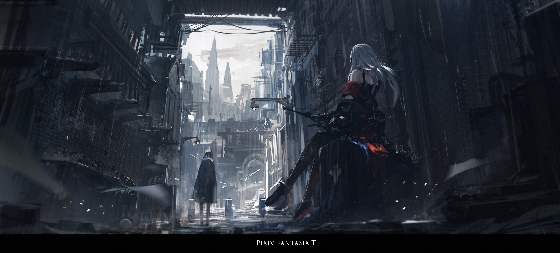 Archer Natus and companion in a rainy city street HD Wallpaper