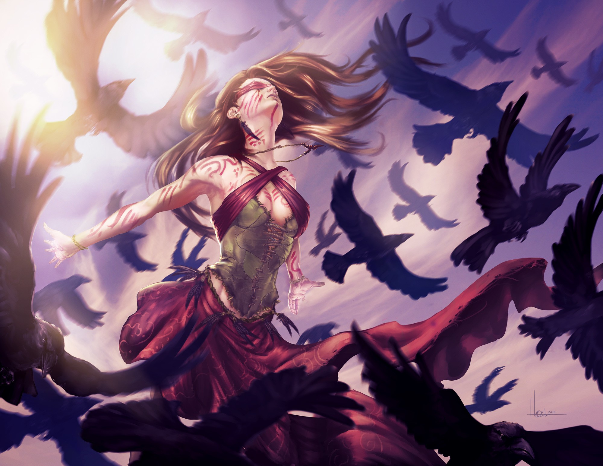 Fantasy art of a woman surrounded by crows HD Wallpaper