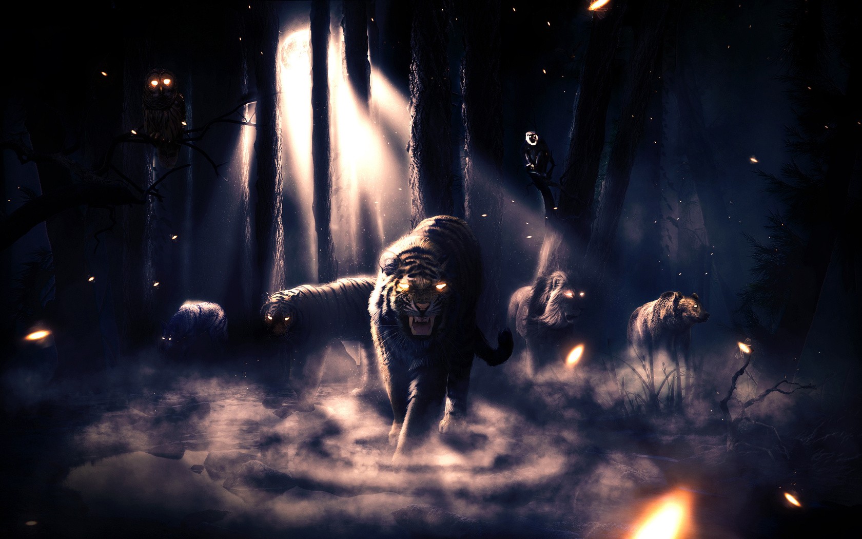Tigers and owls in a dark fantasy forest HD Wallpaper