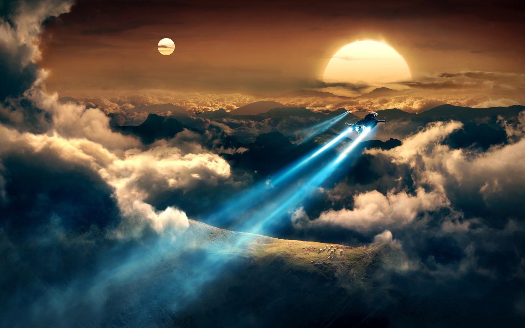 Spaceship flying through clouds during sunset with two suns HD Wallpaper