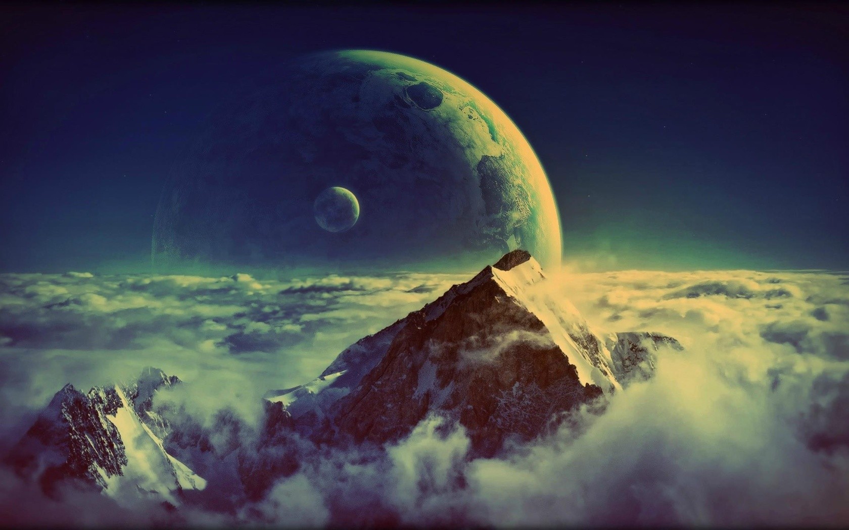 Planet and moon above snowy mountains and clouds HD Wallpaper