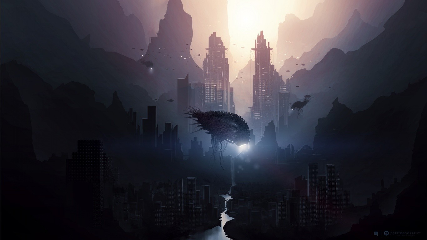 Alien city with flying creatures and spacecraft HD Wallpaper