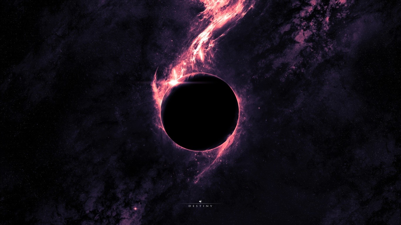 A black planet eclipses a star with pink nebula in space HD Wallpaper