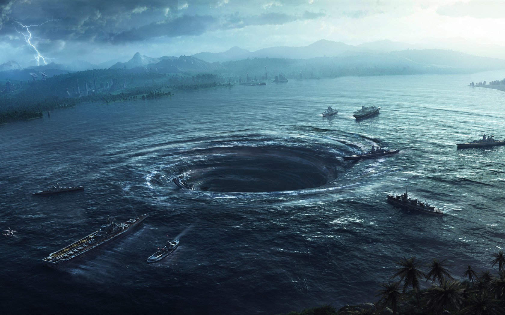 Artwork of a whirlpool with ships in the sea HD Wallpaper
