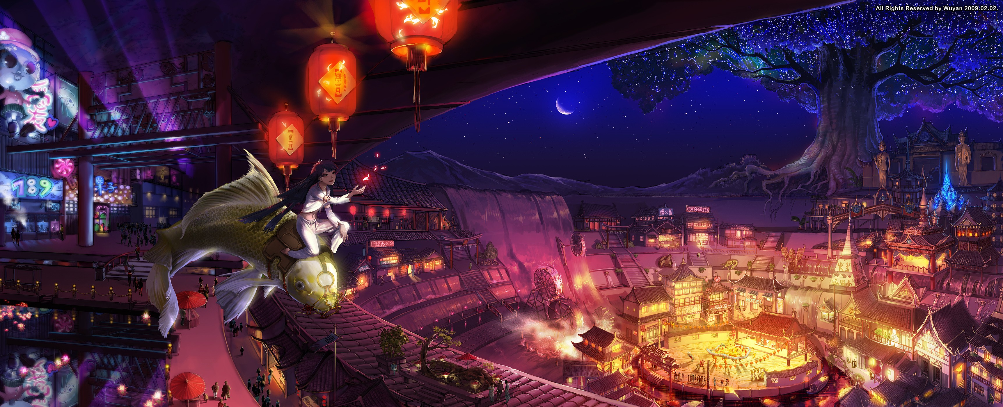 Anime girl riding a koi fish over a city at night HD Wallpaper
