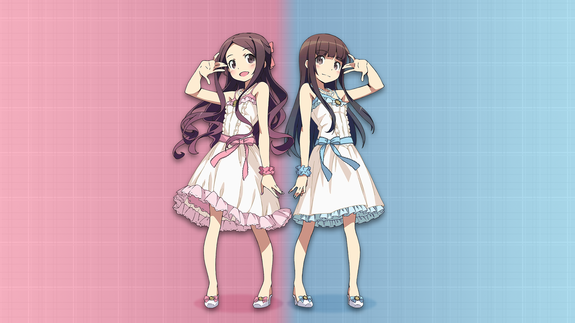 Anime girls ClariS in white dresses on pink and blue background HD Wallpaper
