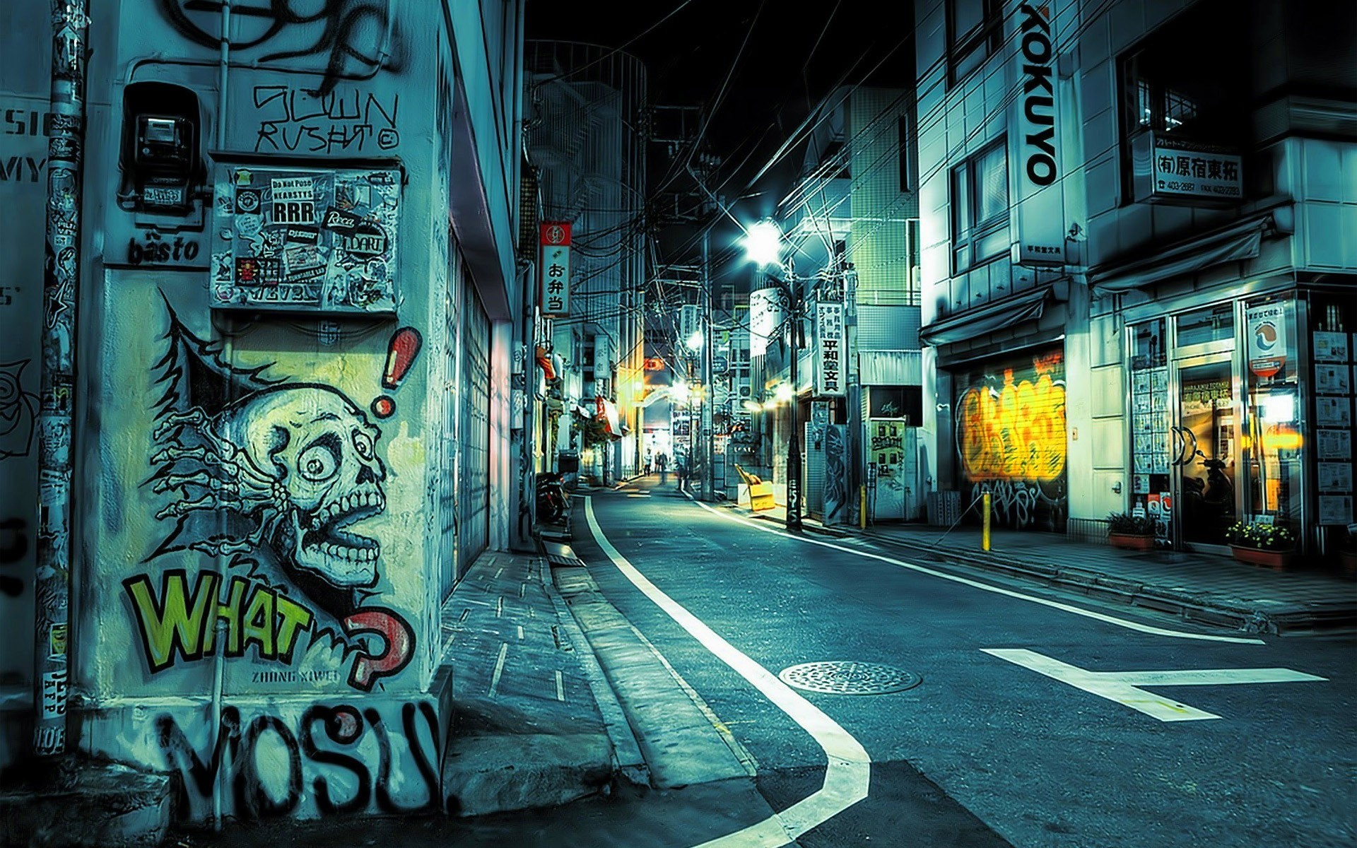 Graffiti-covered street in a Japanese city at night HD Wallpaper