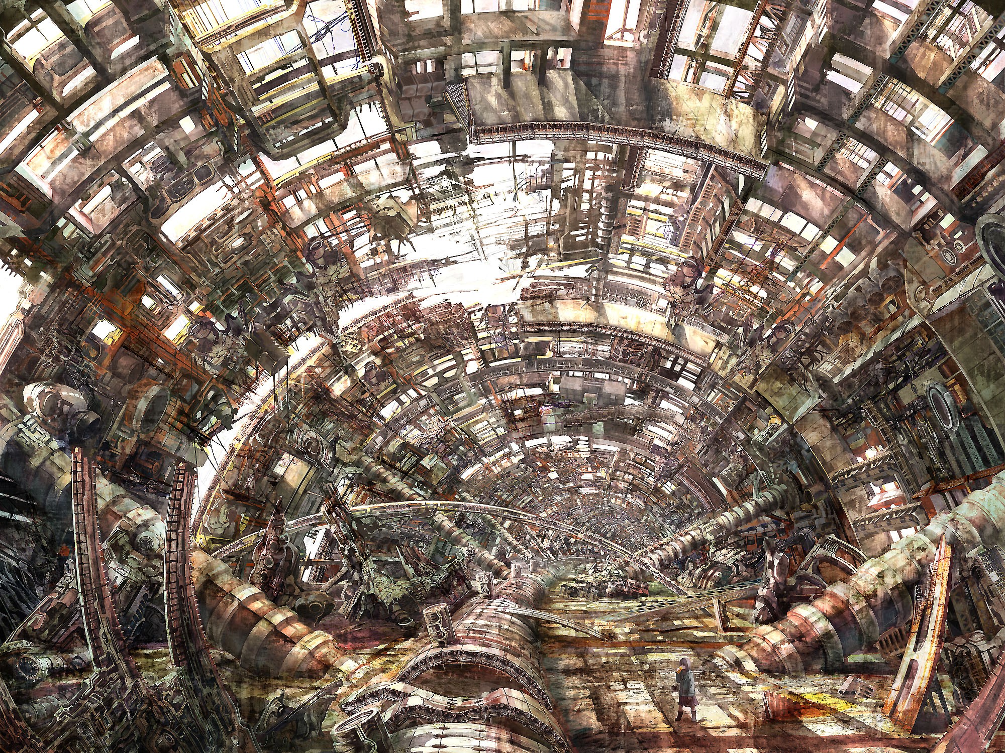 Apocalyptic fantasy art of a detailed industrial tunnel HD Wallpaper