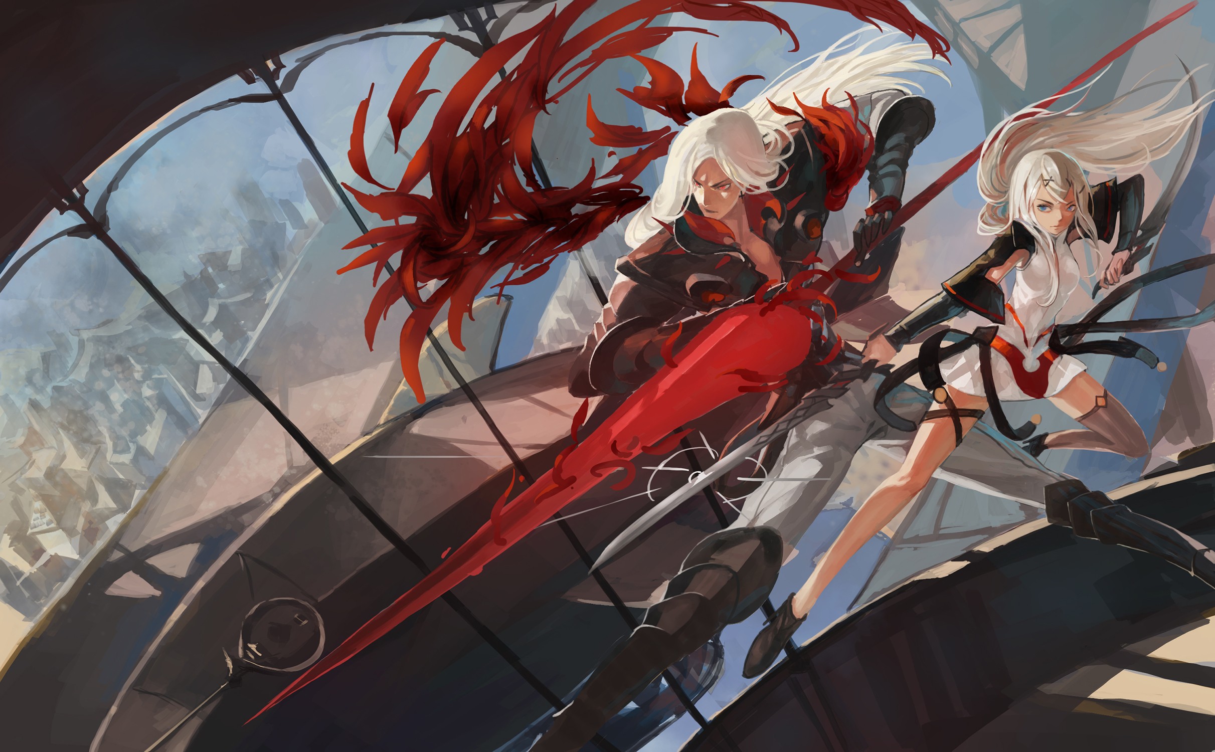Anime characters with swords and red wings HD Wallpaper
