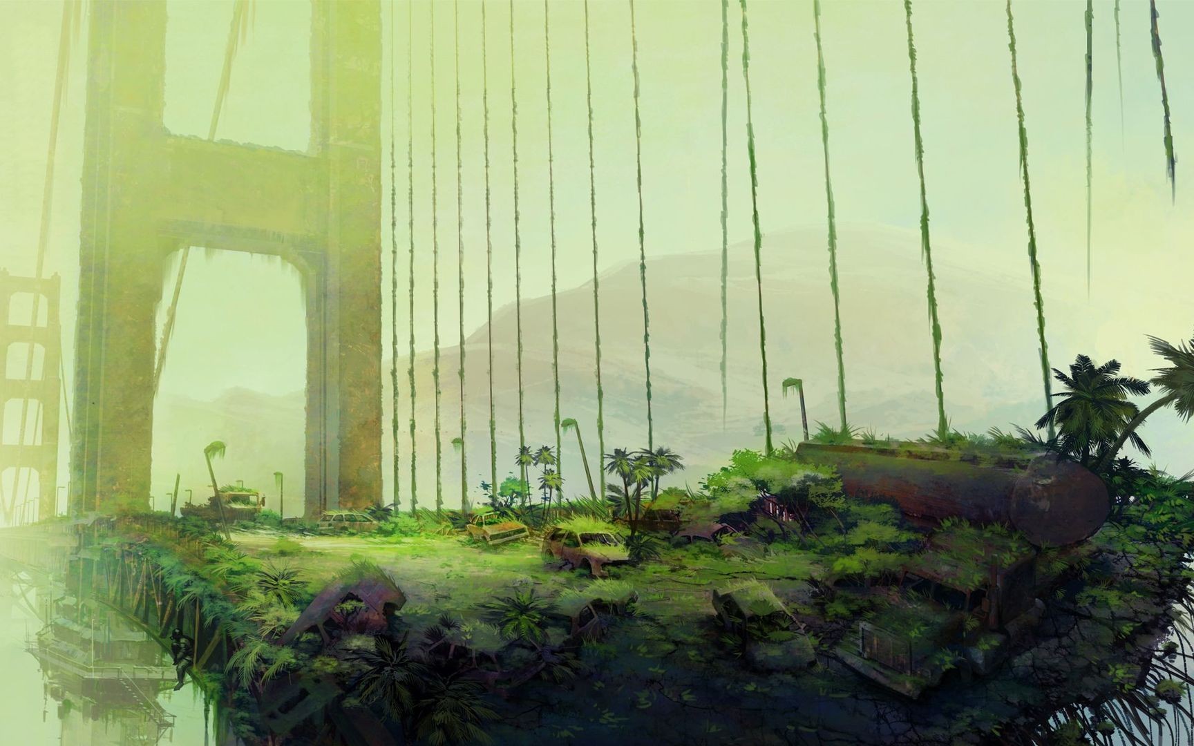 Post-apocalyptic Golden Gate Bridge overgrown with vegetation HD Wallpaper