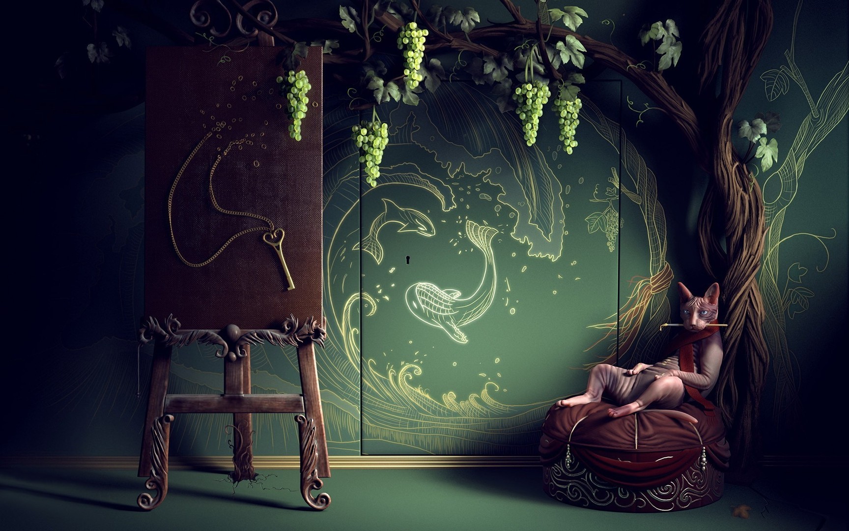 Sphynx cat on a cushion with a key and grapes HD Wallpaper