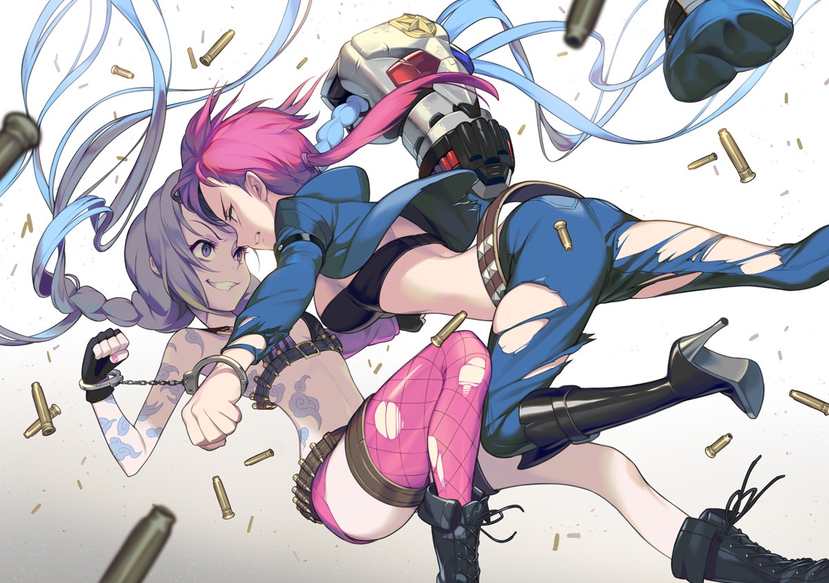 Jinx and Vi fighting with bullets flying HD Wallpaper