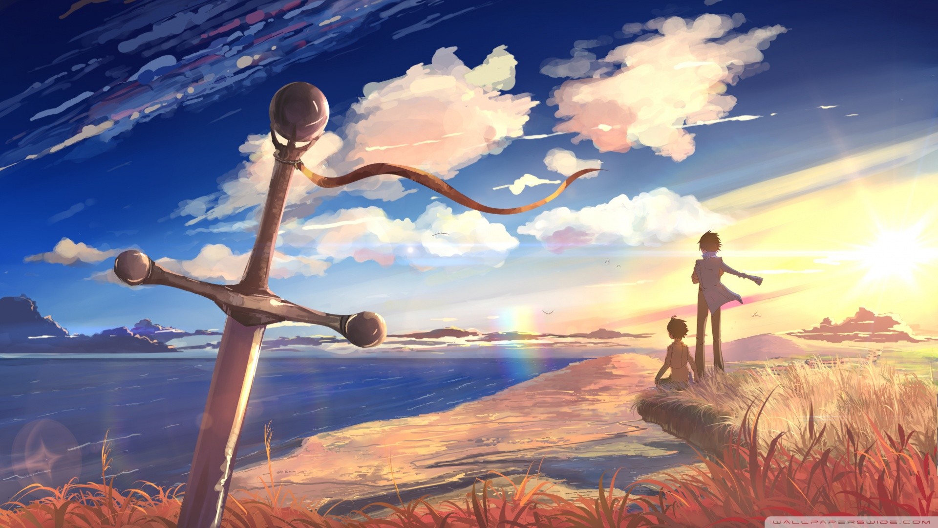 Anime sword and two figures by the sea at sunset HD Wallpaper