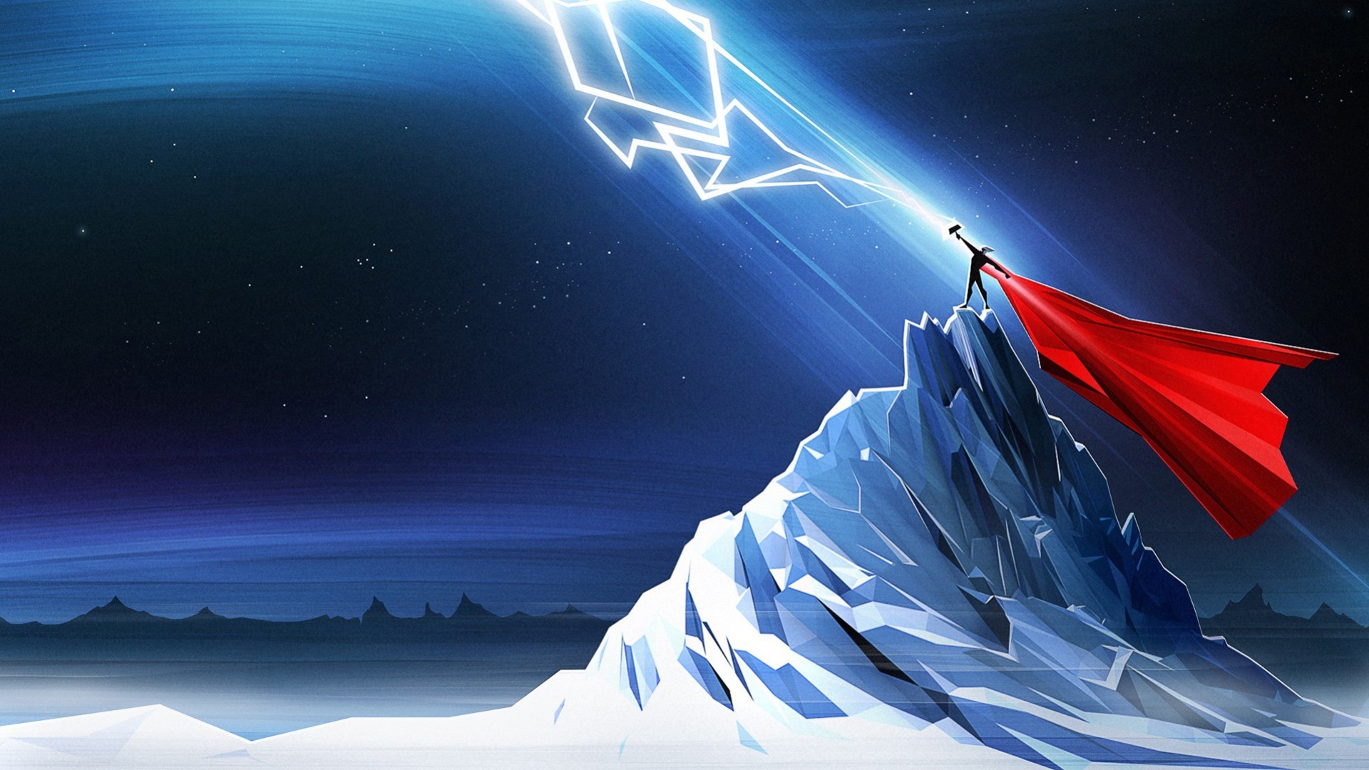 Thor with Mjolnir on a mountain peak with lightning HD Wallpaper