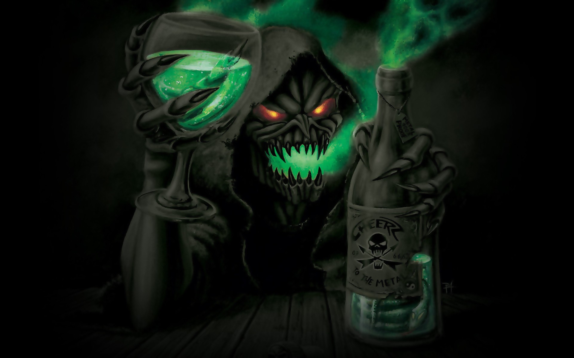 Grim Reaper holding a glass of poison and a bottle HD Wallpaper