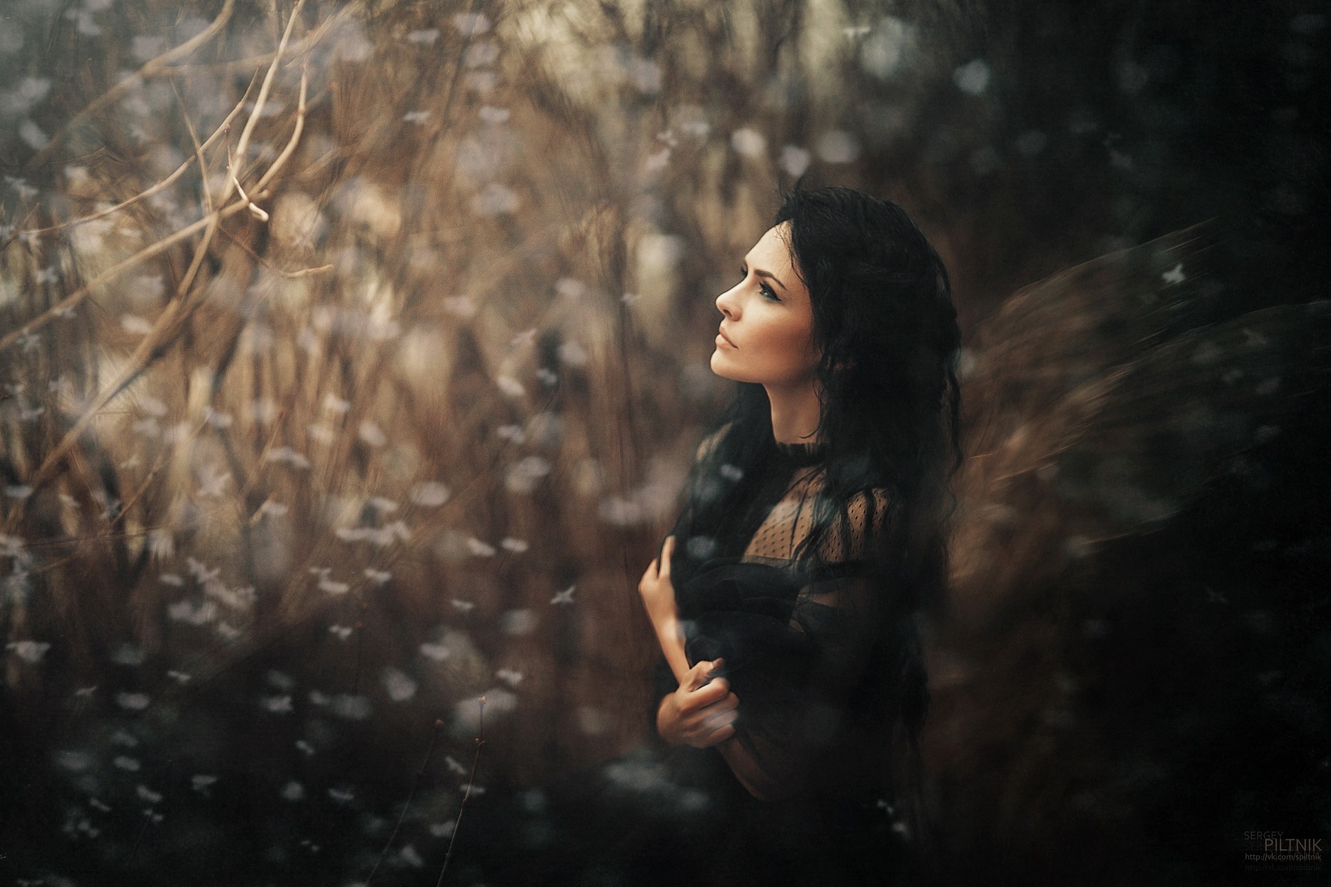 Woman with black hair in a black dress outdoors HD Wallpaper