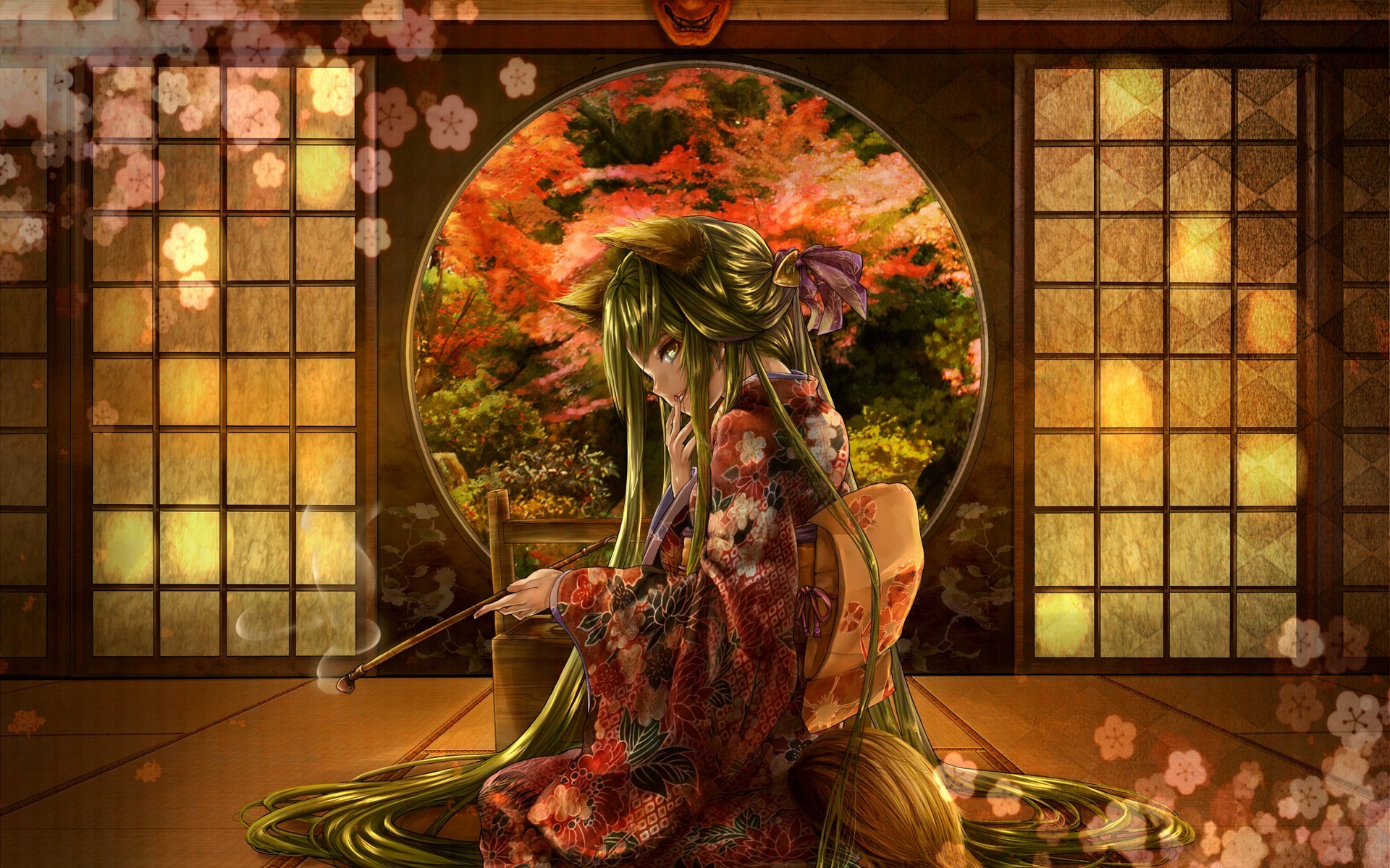 Anime Fox Girl in a Kimono Smoking a Pipe HD Wallpaper