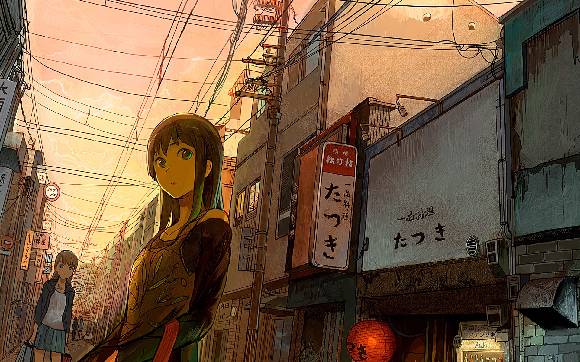 Anime girls in a Japanese street at sunset HD Wallpaper