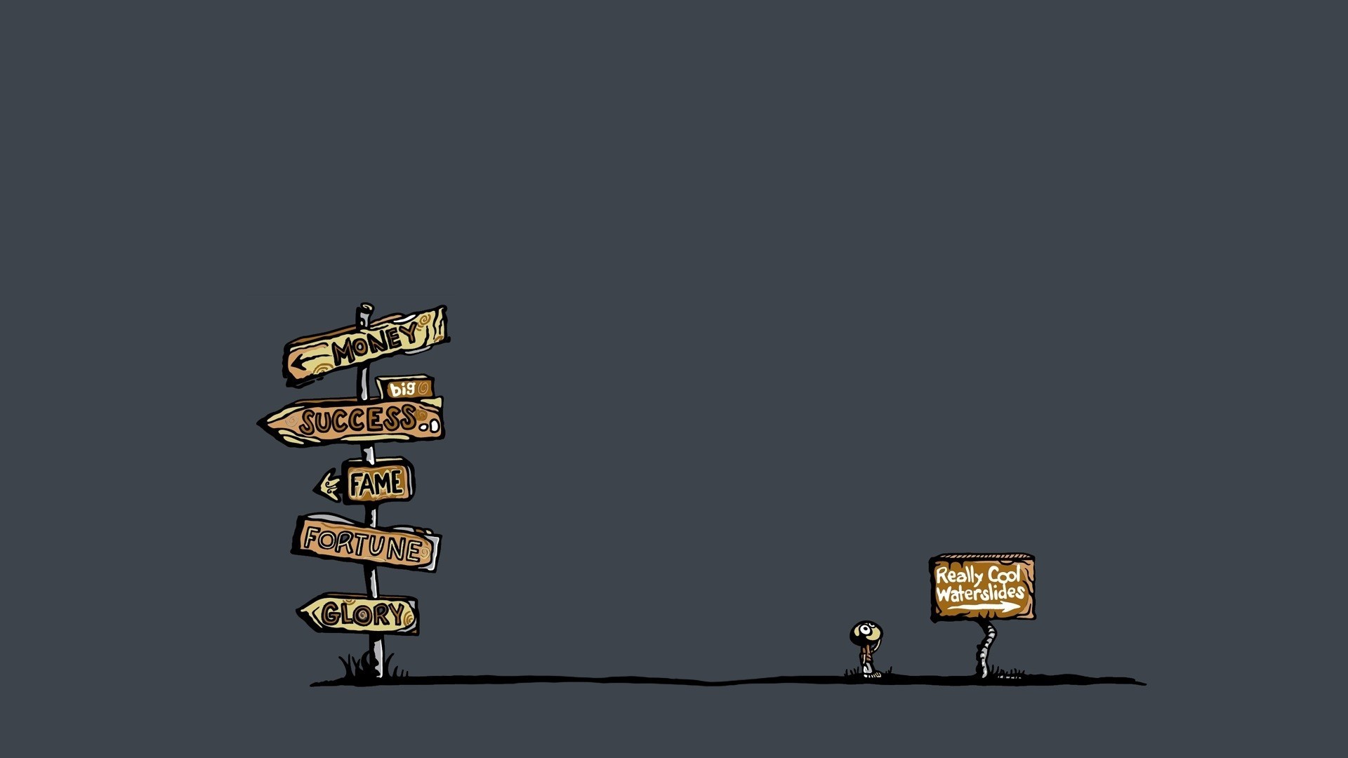 Signpost pointing to Money, Success, Fame, Fortune, Glory, and Water slides HD Wallpaper