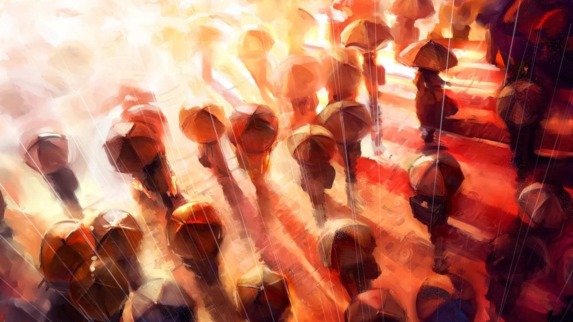 Painting of people with umbrellas in the rain HD Wallpaper