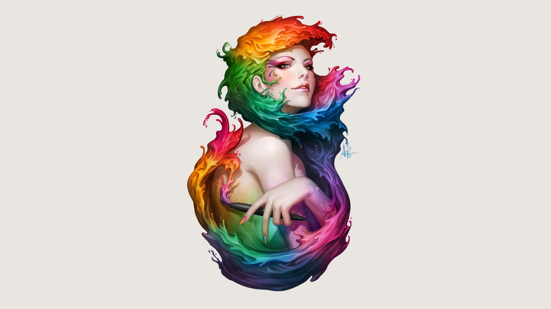 Artwork by Artgerm featuring a woman with rainbow-colored hair HD Wallpaper
