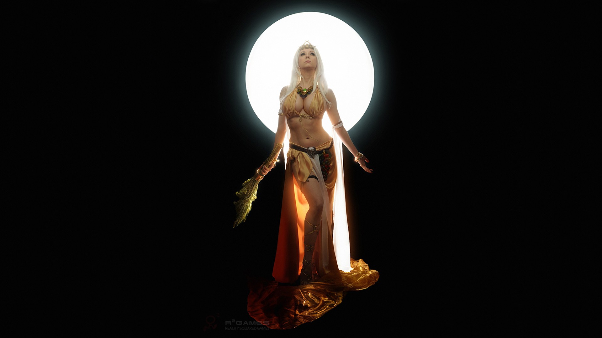 Woman in a golden costume in front of a large moon HD Wallpaper