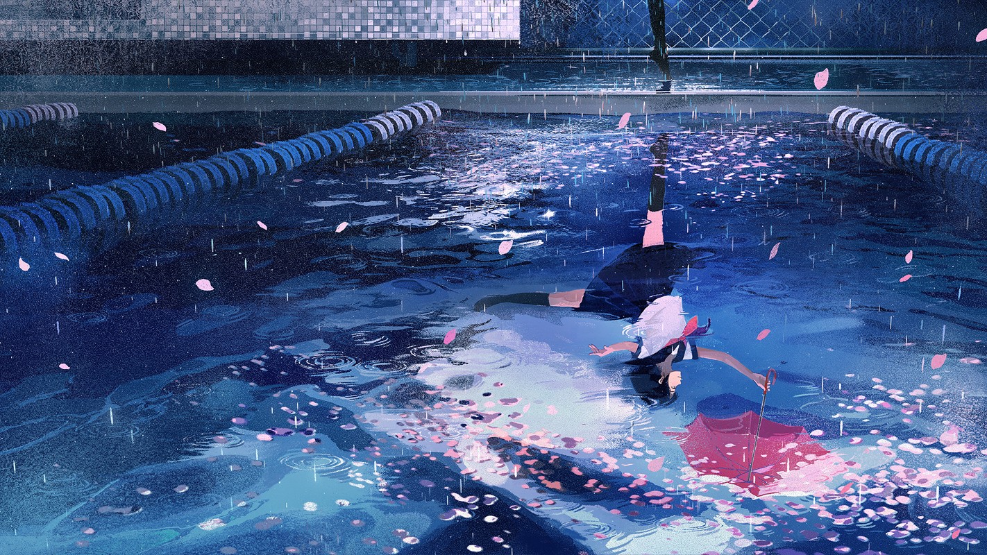 Anime girl in school uniform in a rainy swimming pool HD Wallpaper