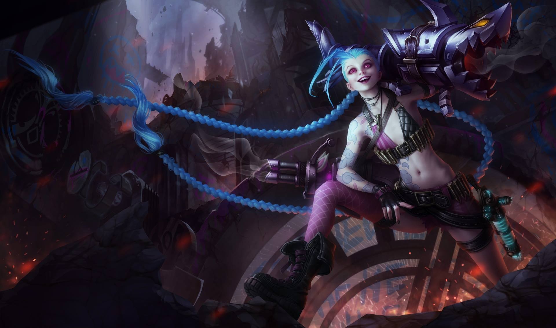 Jinx from League of Legends with her minigun HD Wallpaper