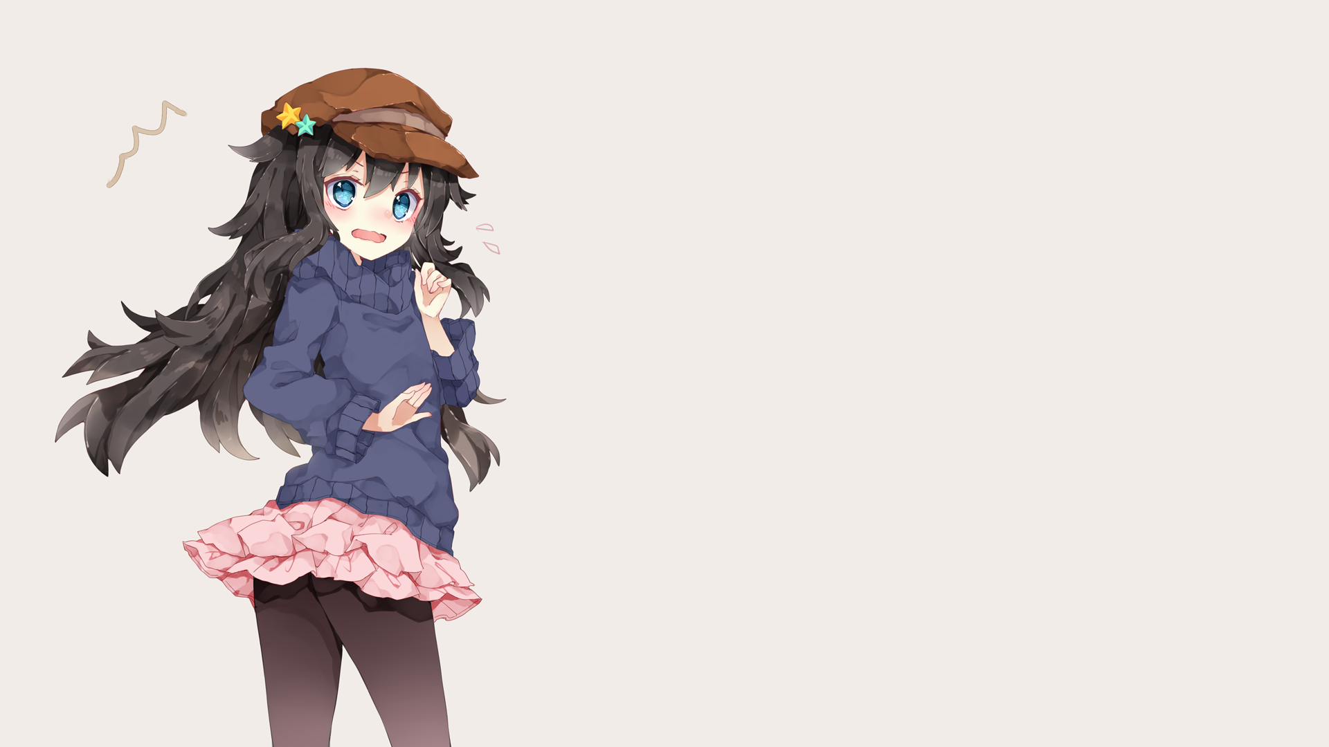 Anime girl with long black hair and blue eyes wearing a hat and sweater HD Wallpaper