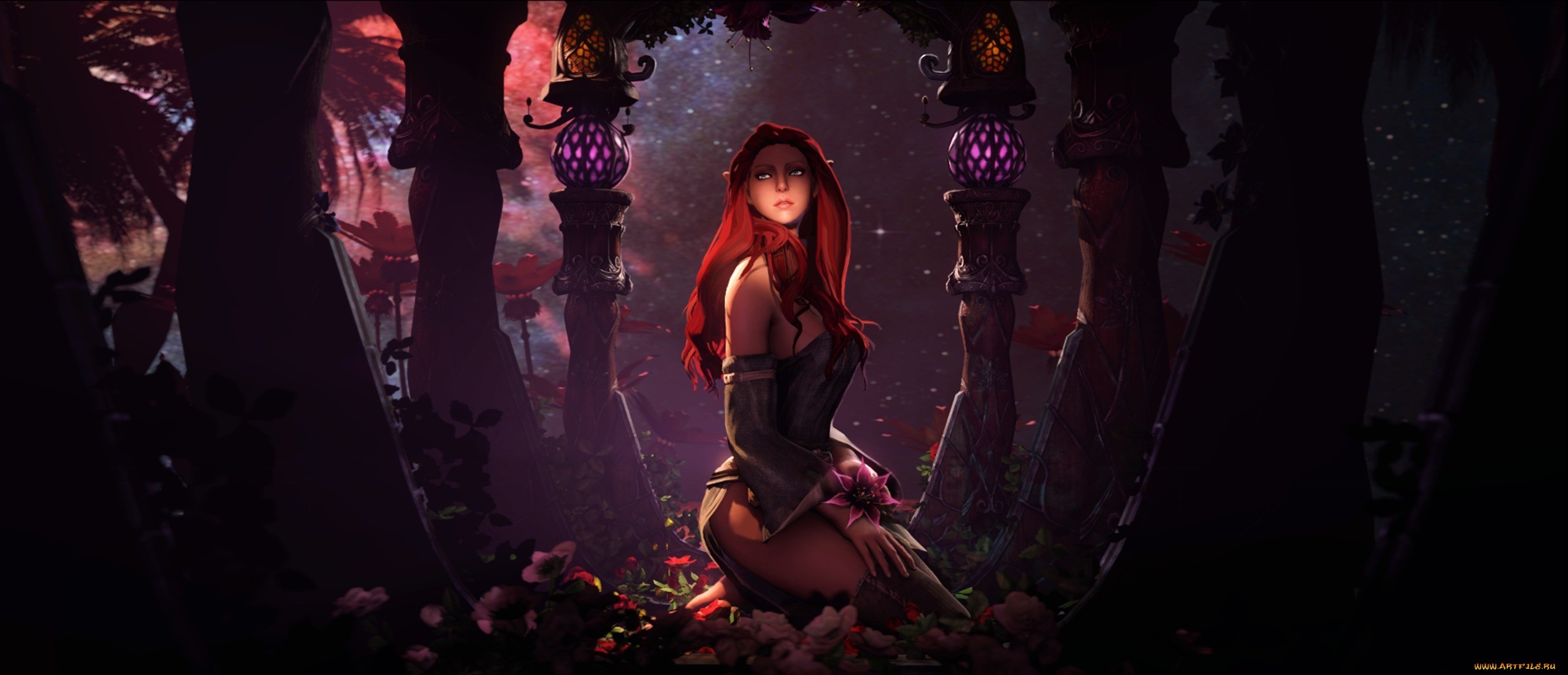 Fantasy art of a red-haired elf in a garden HD Wallpaper