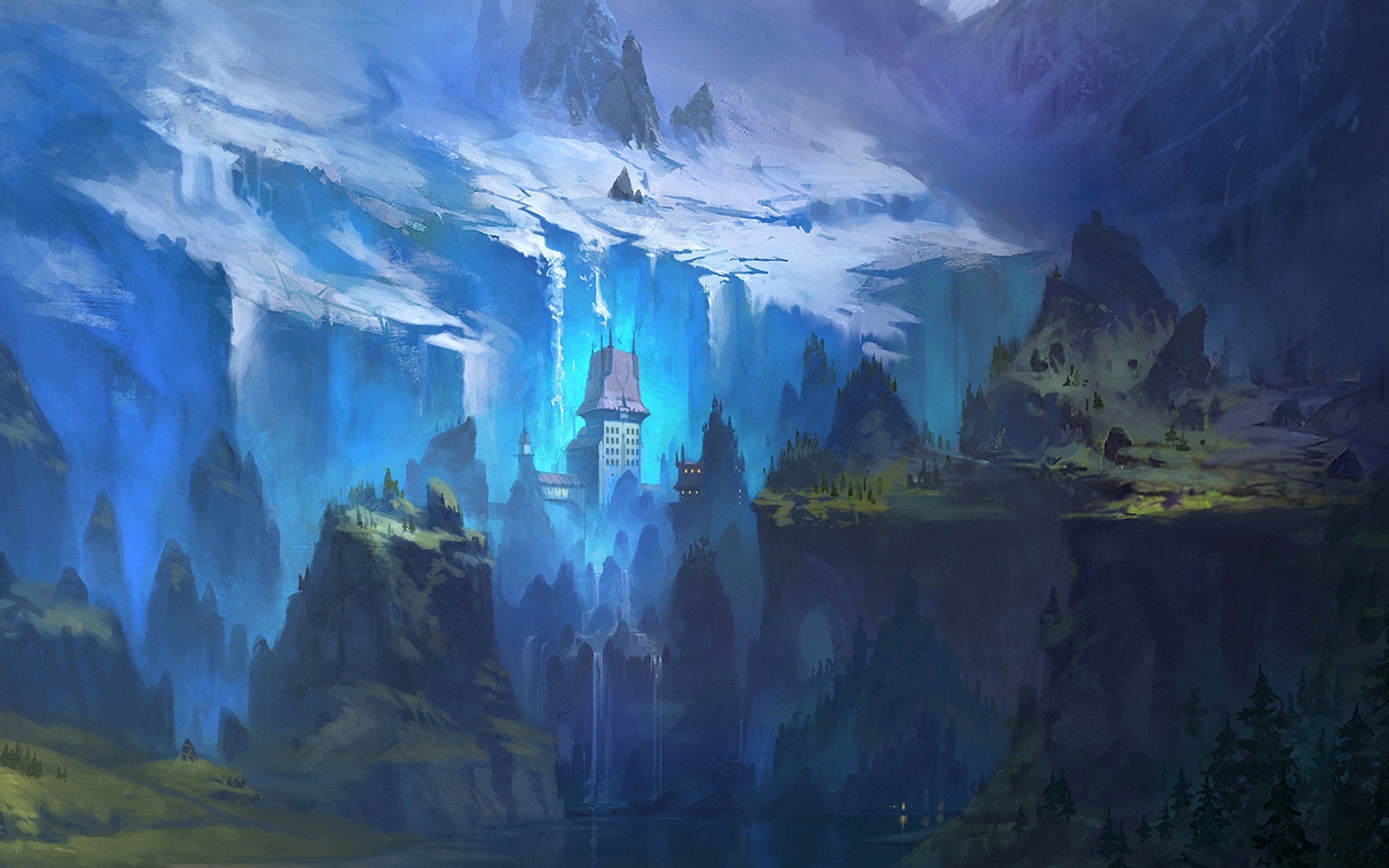 Fantasy landscape with a castle and waterfalls HD Wallpaper