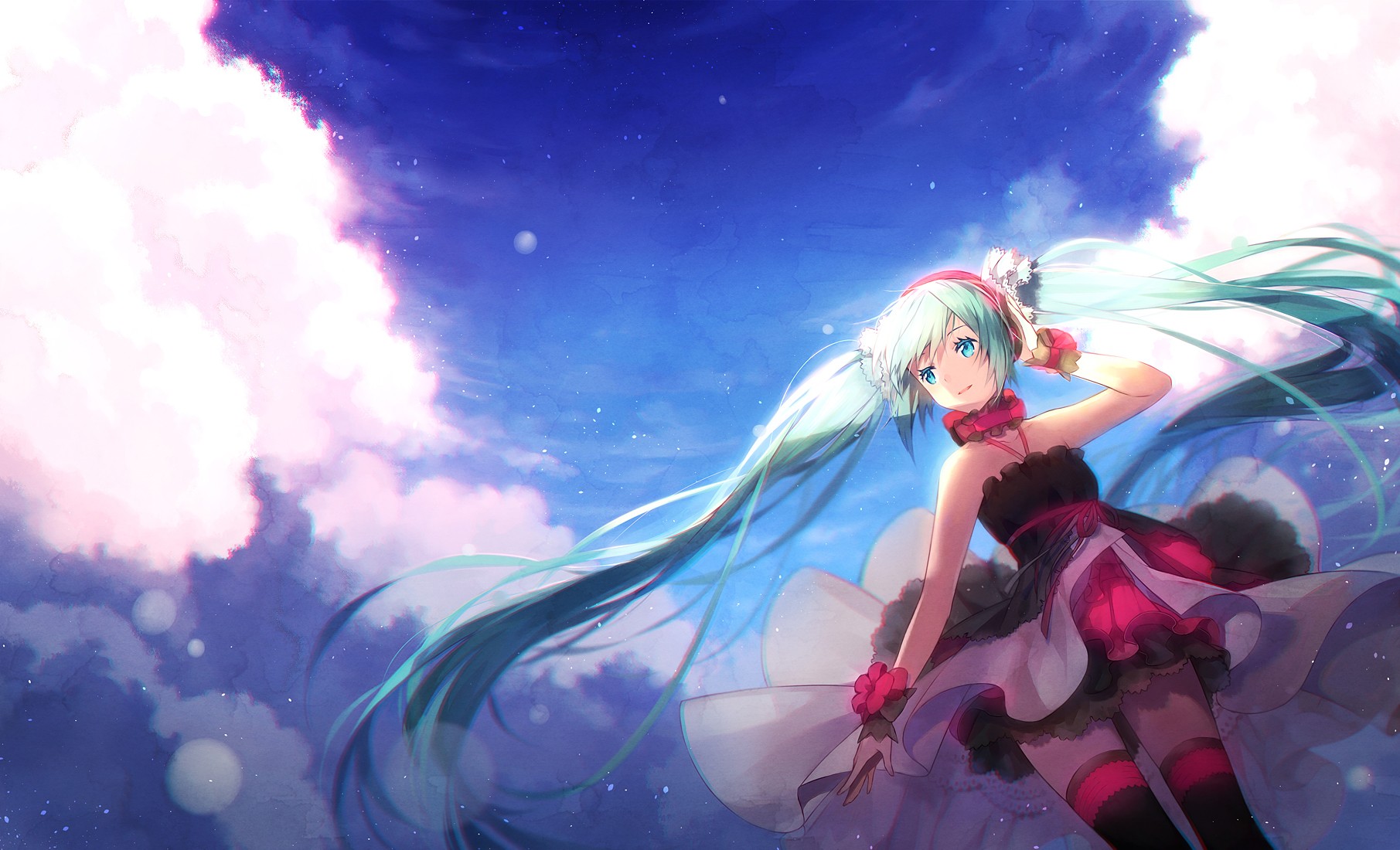 Hatsune Miku in a dress with long twintails in the sky HD Wallpaper