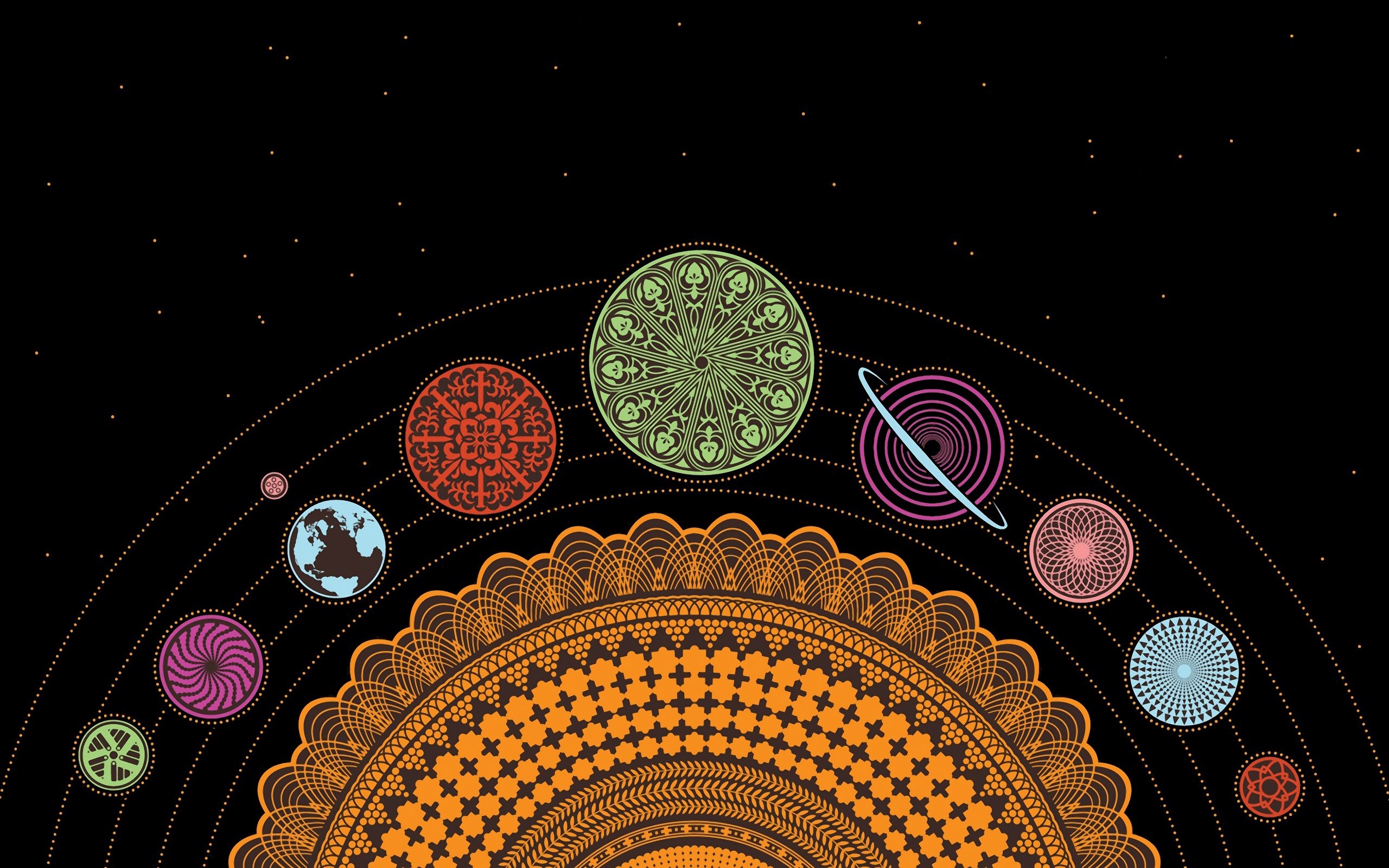 Stylized solar system with decorative planets HD Wallpaper