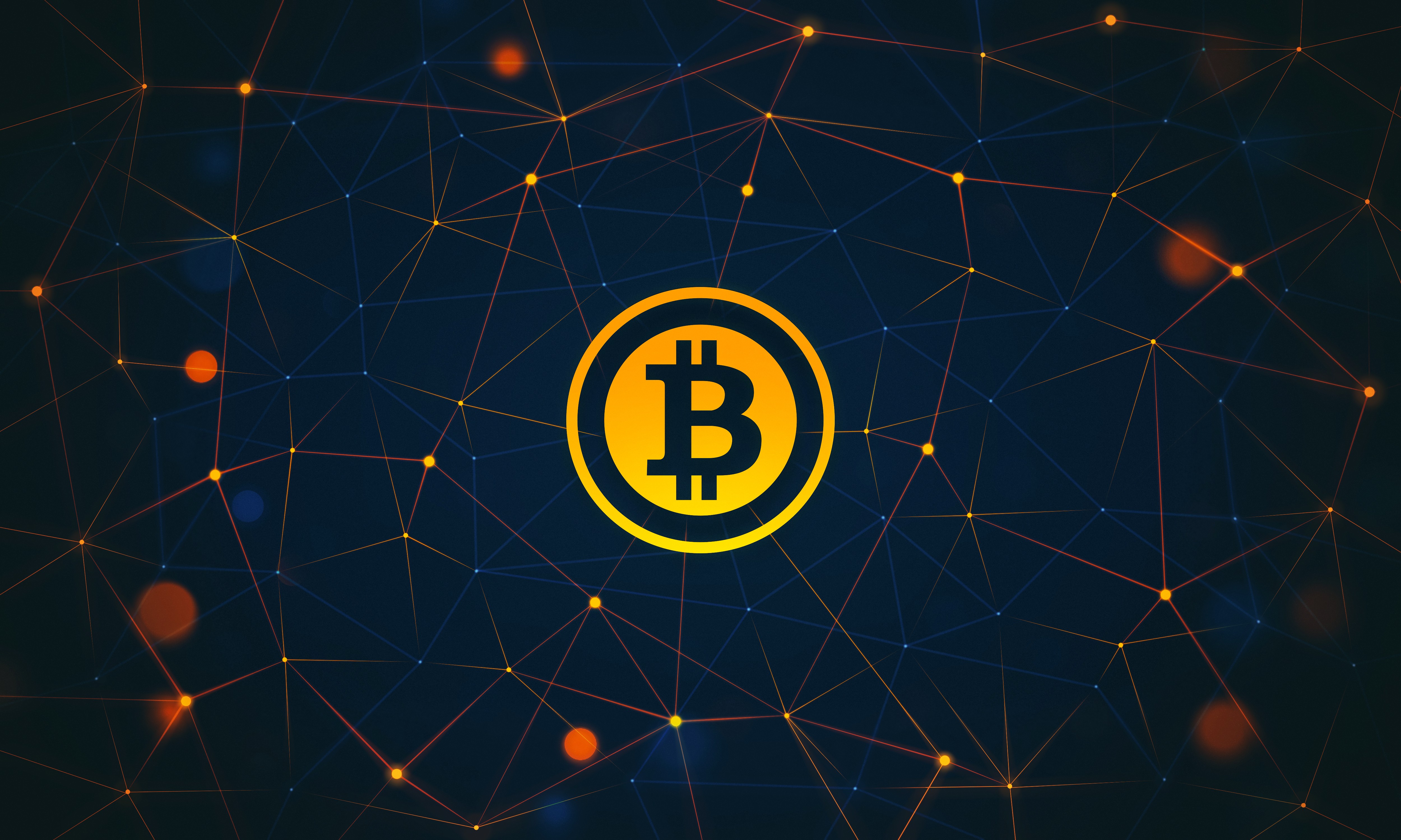 Bitcoin logo on a dark network background HD Wallpaper