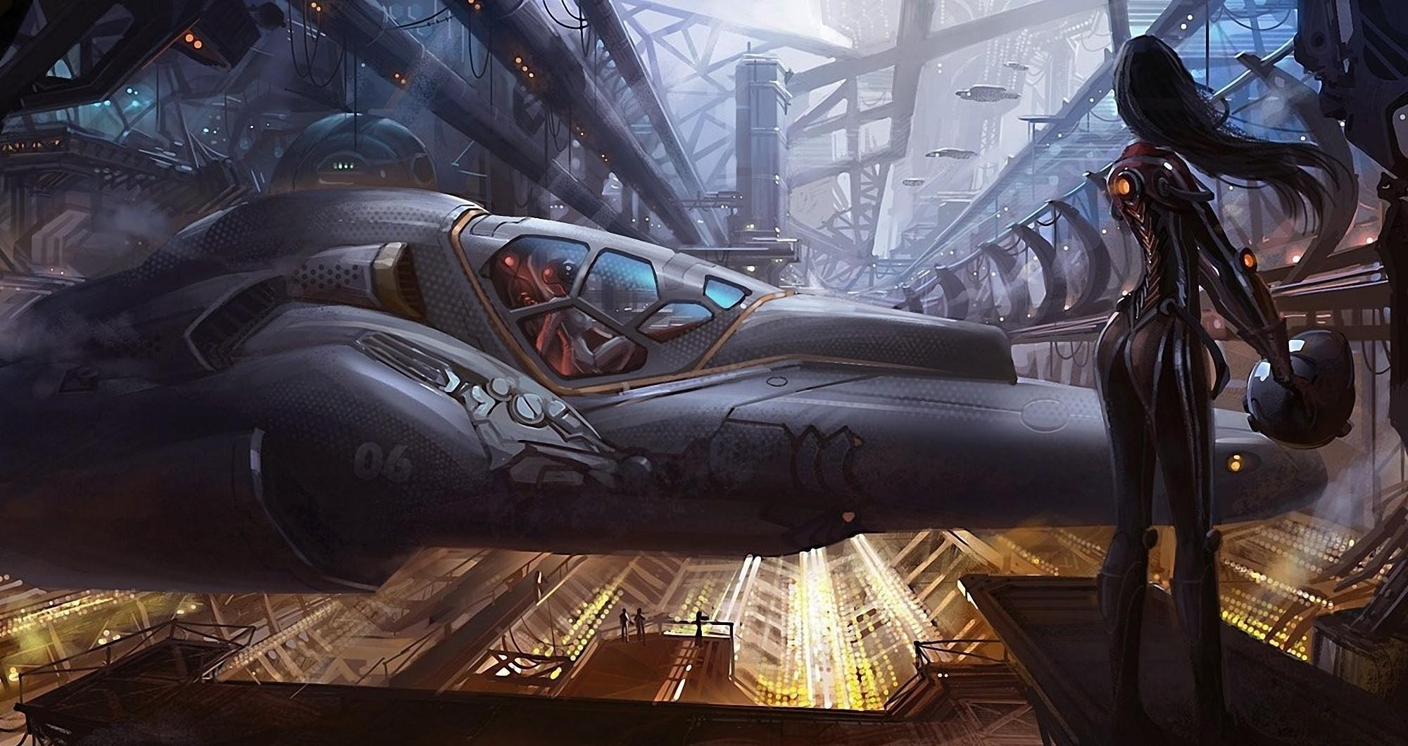 Futuristic spaceship hangar with a woman in a suit HD Wallpaper