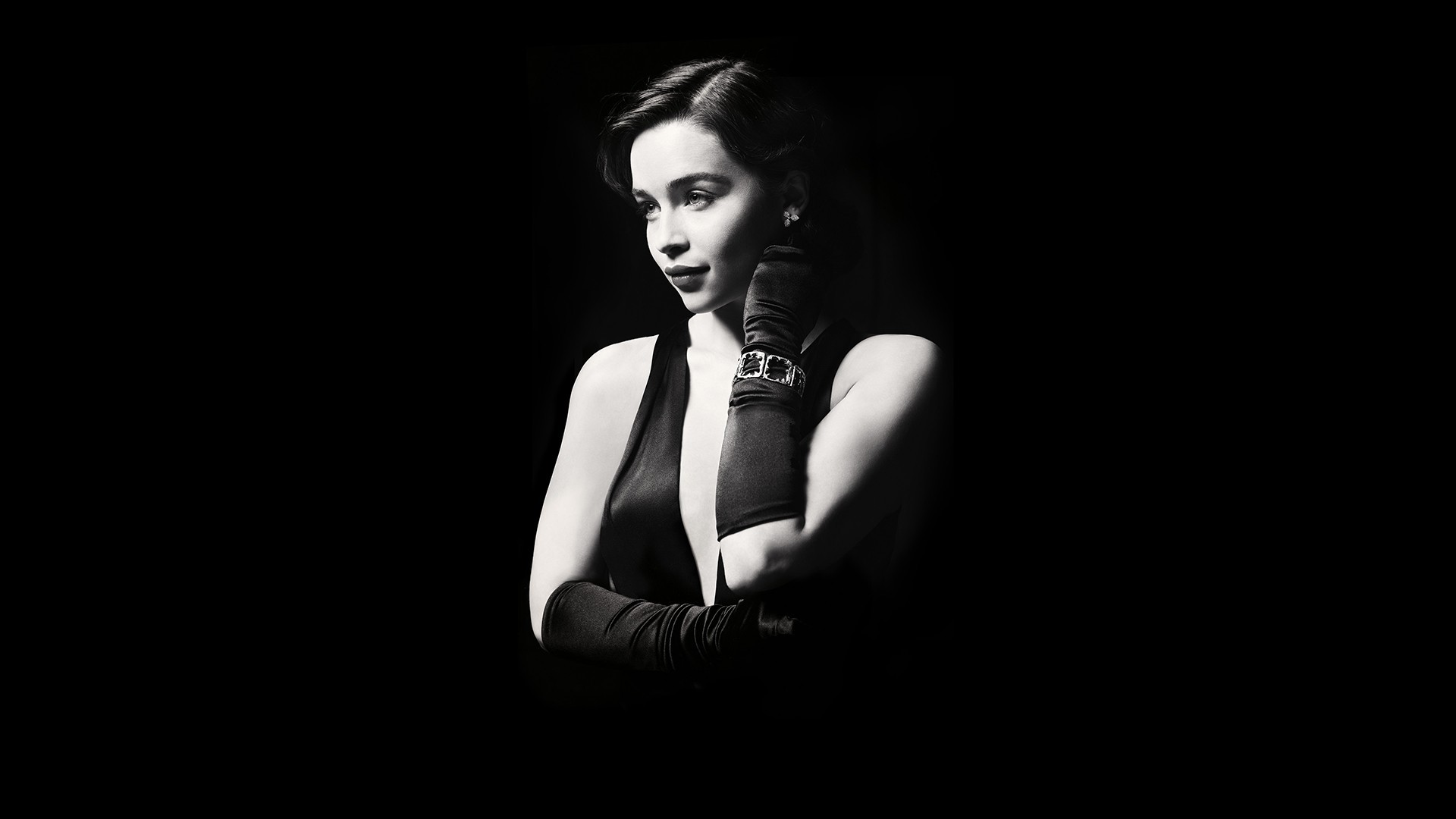 Emilia Clarke in a black dress and gloves HD Wallpaper
