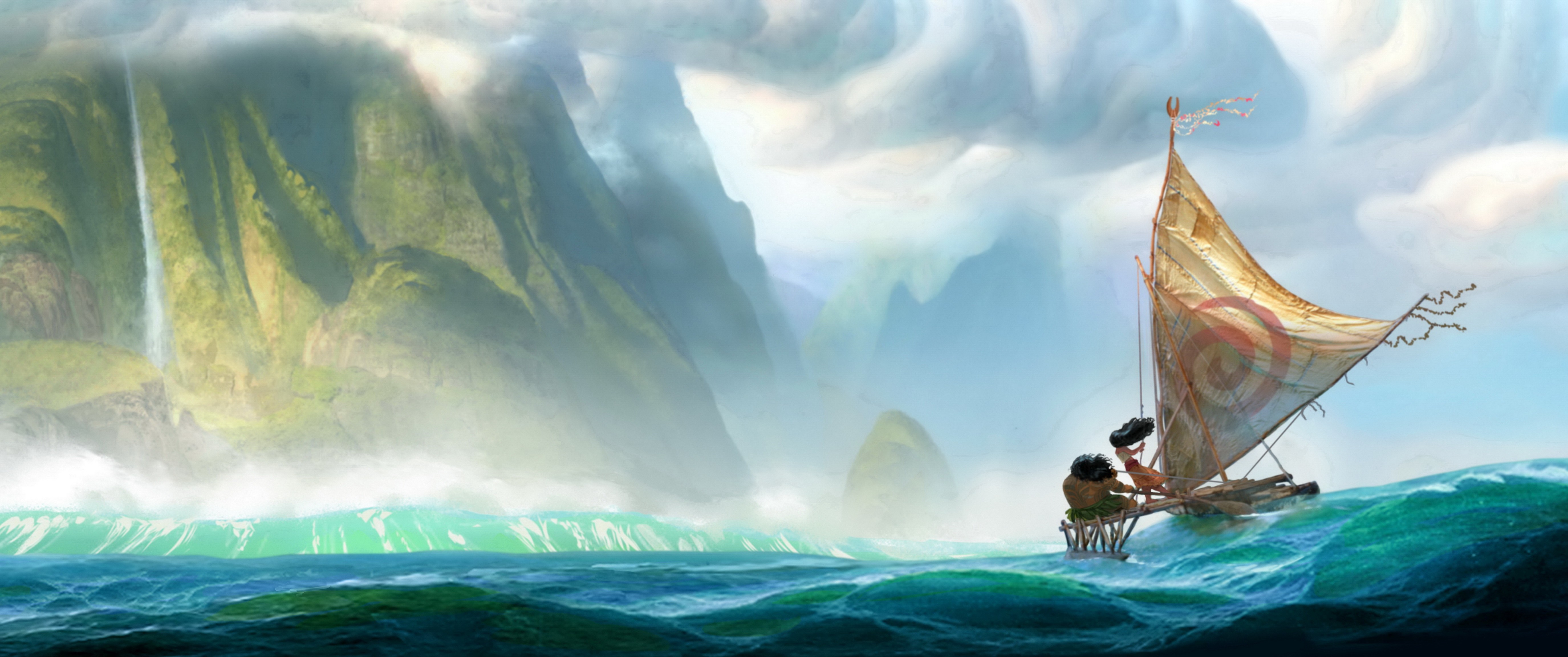 Moana sailing a boat with mountains and waterfalls in the background HD Wallpaper