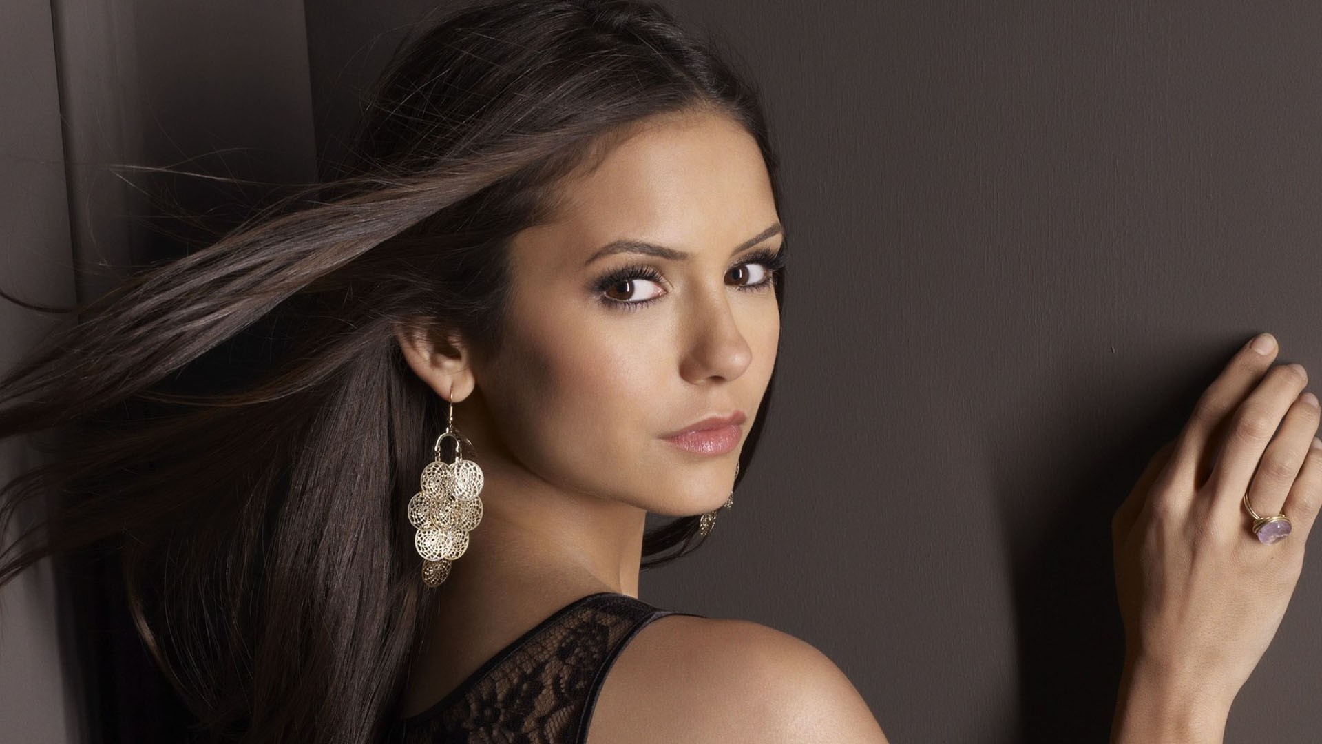 Nina Dobrev wearing a black lace top HD Wallpaper