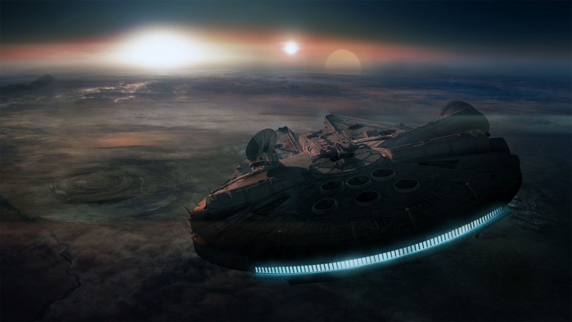Millennium Falcon flying over a planet HD Wallpaper