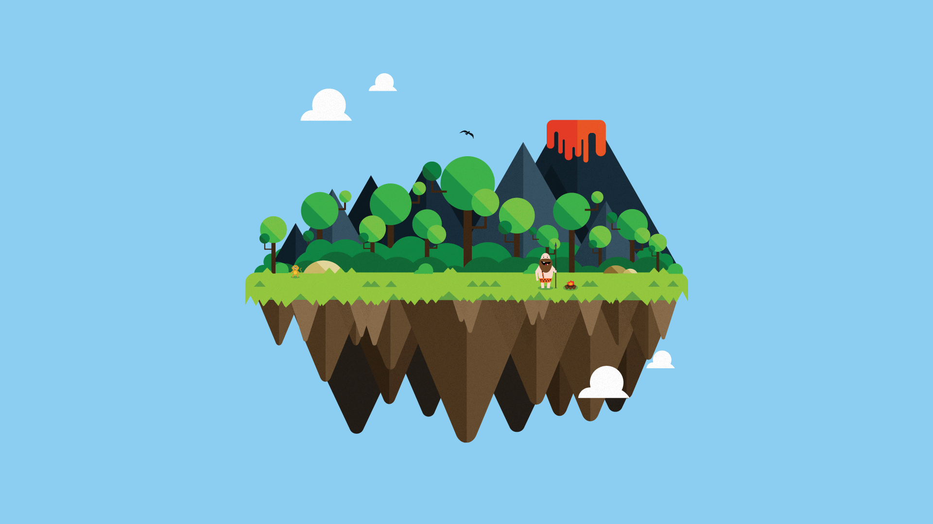Floating island with a volcano and a person HD Wallpaper