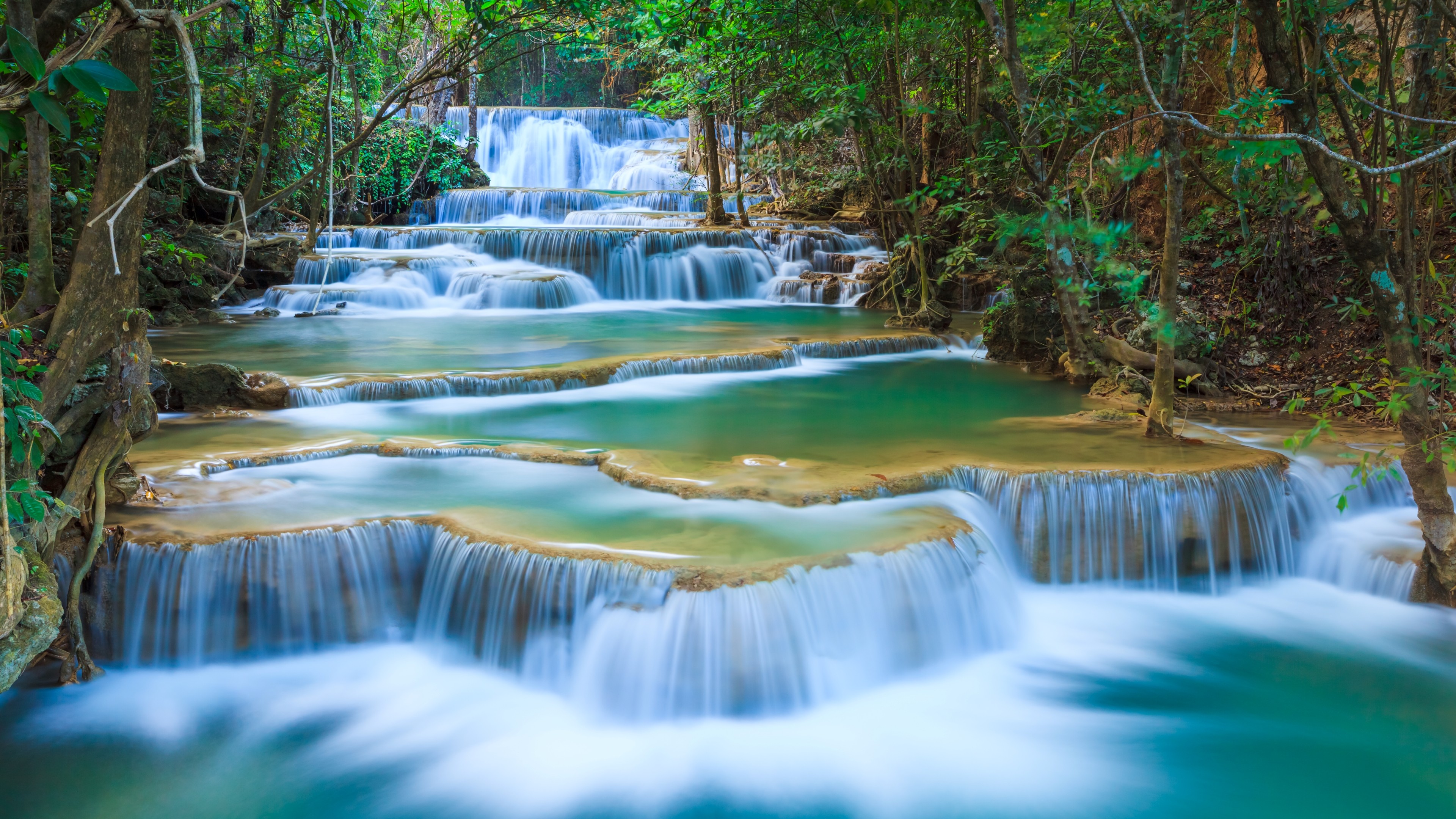Tiered waterfall cascading through a lush green forest HD Wallpaper