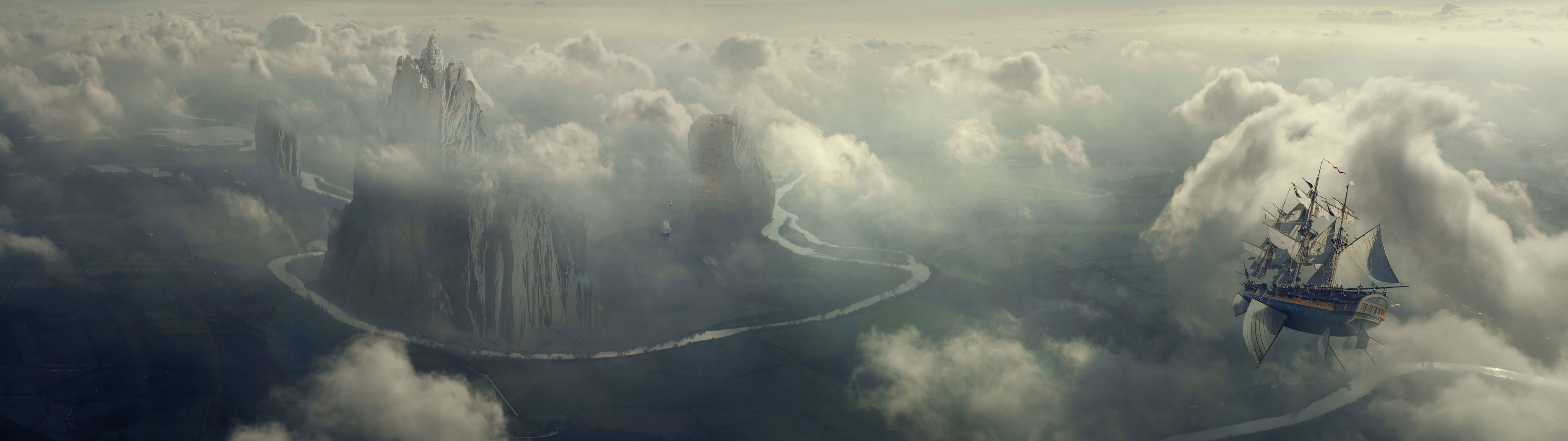 Fantasy landscape with airship and floating islands HD Wallpaper